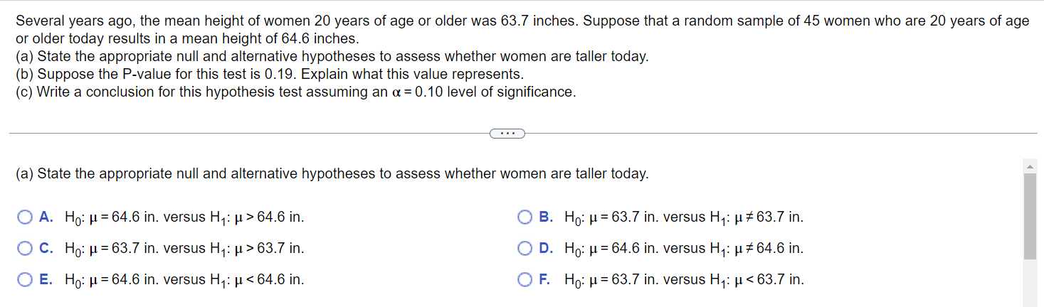 Solved Several Years Ago, The Mean Height Of Women 20 Years | Chegg.com