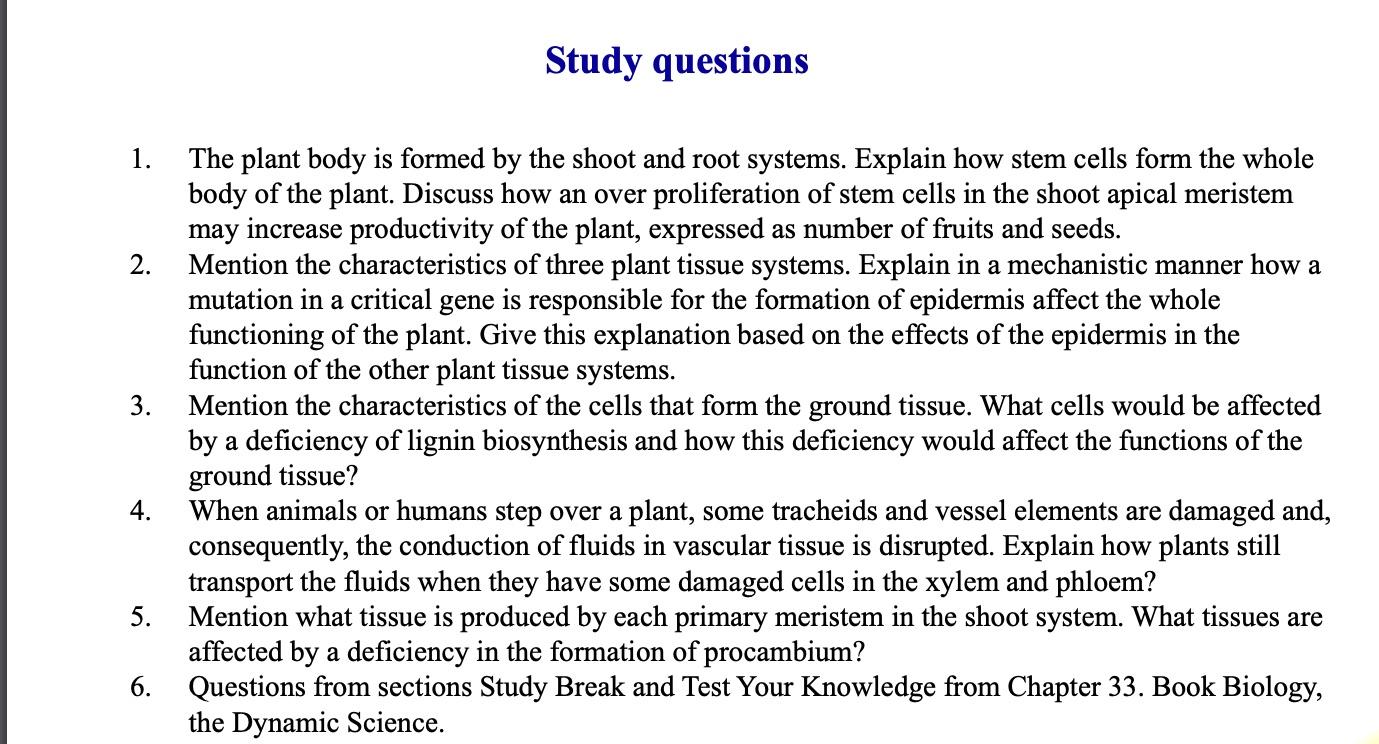 Study questions 1. 2. 3. The plant body is formed by 