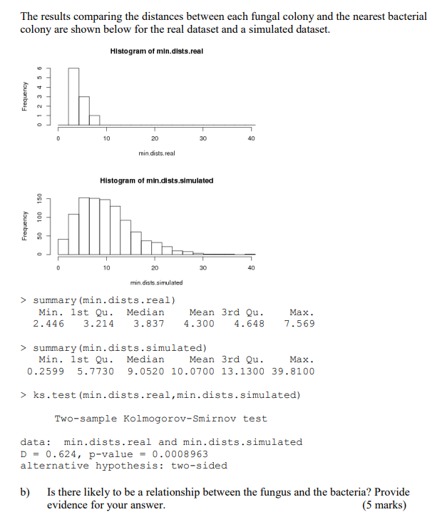 The results comparing the distances between each fungal colony and the nearest bacterial colony are shown below for the real