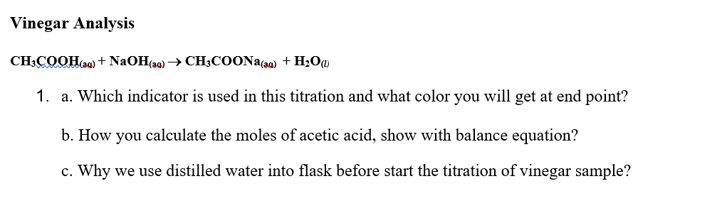 Solved Vinegar Analysis CH3COOH(aq) + NaOH(aq) → | Chegg.com