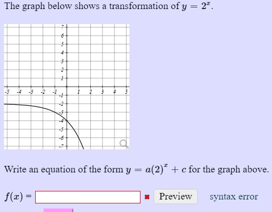 Solved The graph below shows a transformation of y=2x. Write | Chegg.com