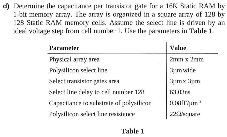 d) Determine the capacitance per transistor gate for a \( 16 \mathrm{~K} \) Static RAM by 1-bit memory array. The array is or