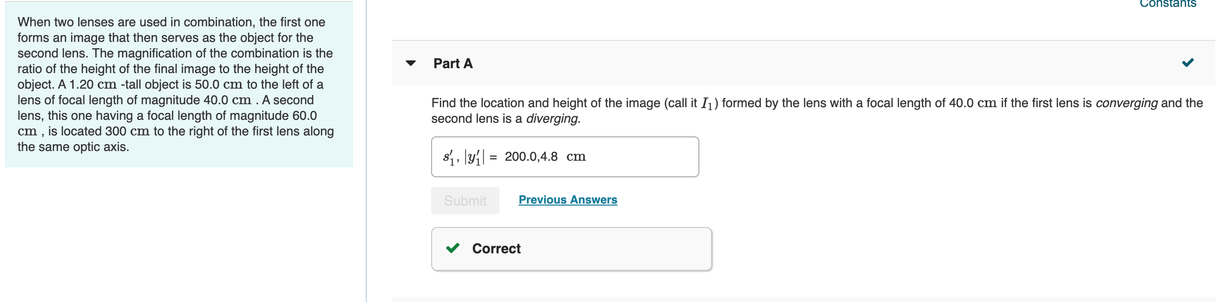 Solved Constants Part A When two lenses are used in | Chegg.com