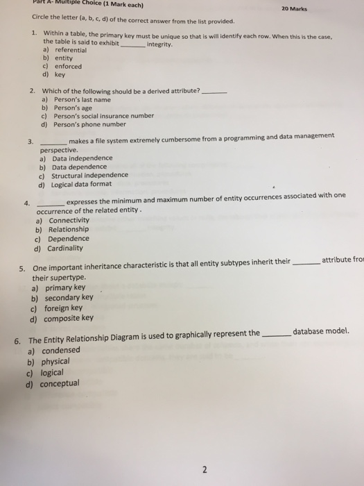 Solved psht A- Multiple choice (1 Mark each) 20 Marks Circle | Chegg.com