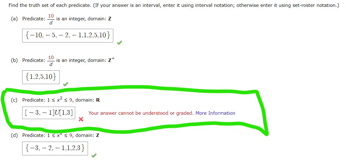 Solved (c) ﻿Predicate: 1≤x2≤9, ﻿domain: RYour answer cannot 