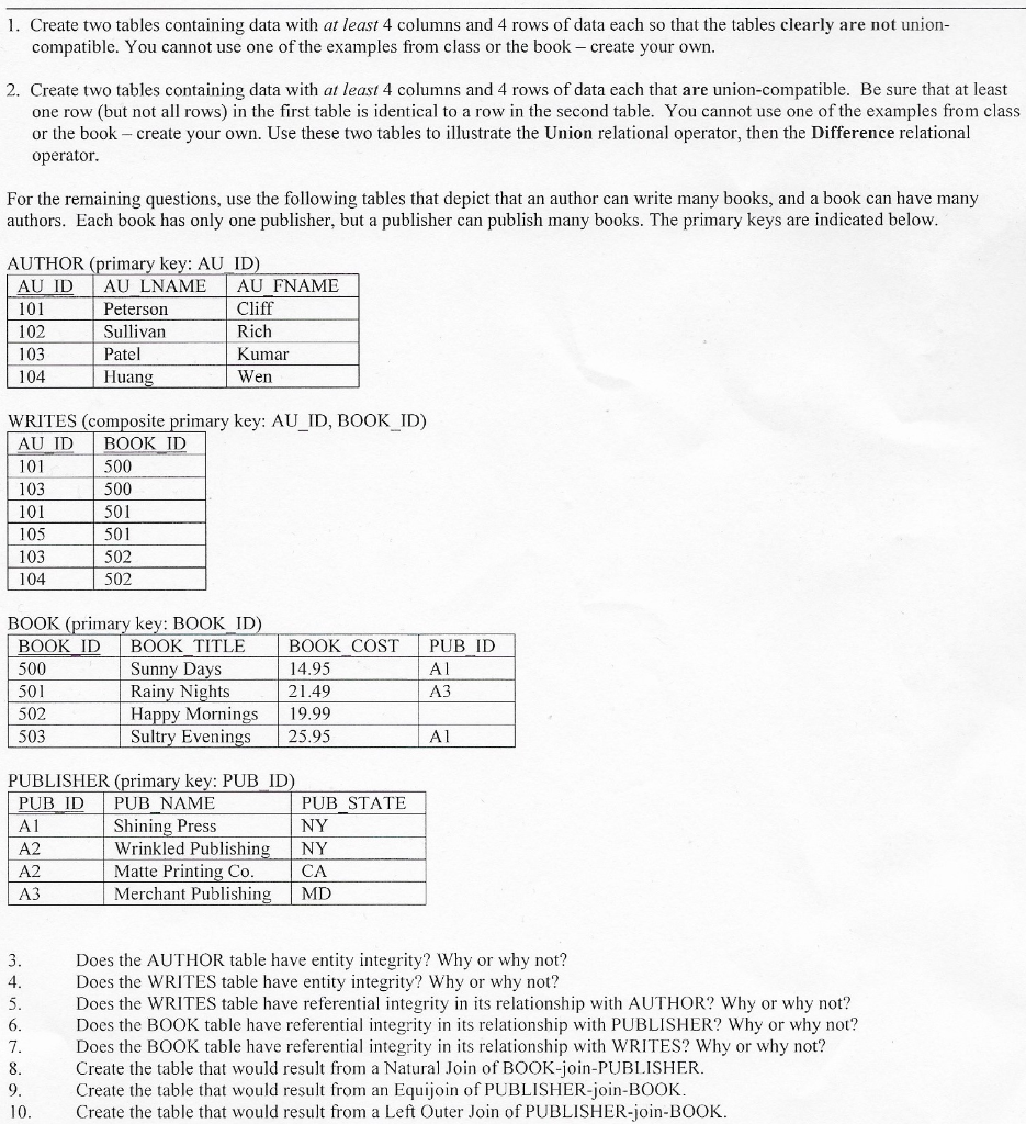 Solved 1. Create Two Tables Containing Data With At Least 4 | Chegg.com