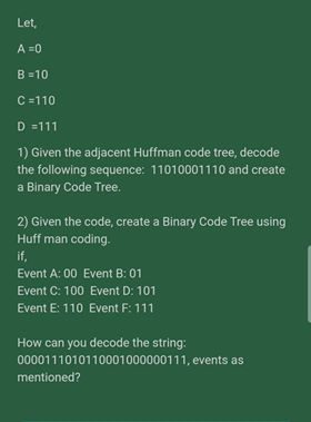 Let A=0 B =10 C =110 D =111 1) Given the adjacent Huffman code tree, decode the following sequence: 11010001110 and create a