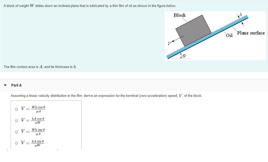 Solved A block of weight W slides down an inclined plane