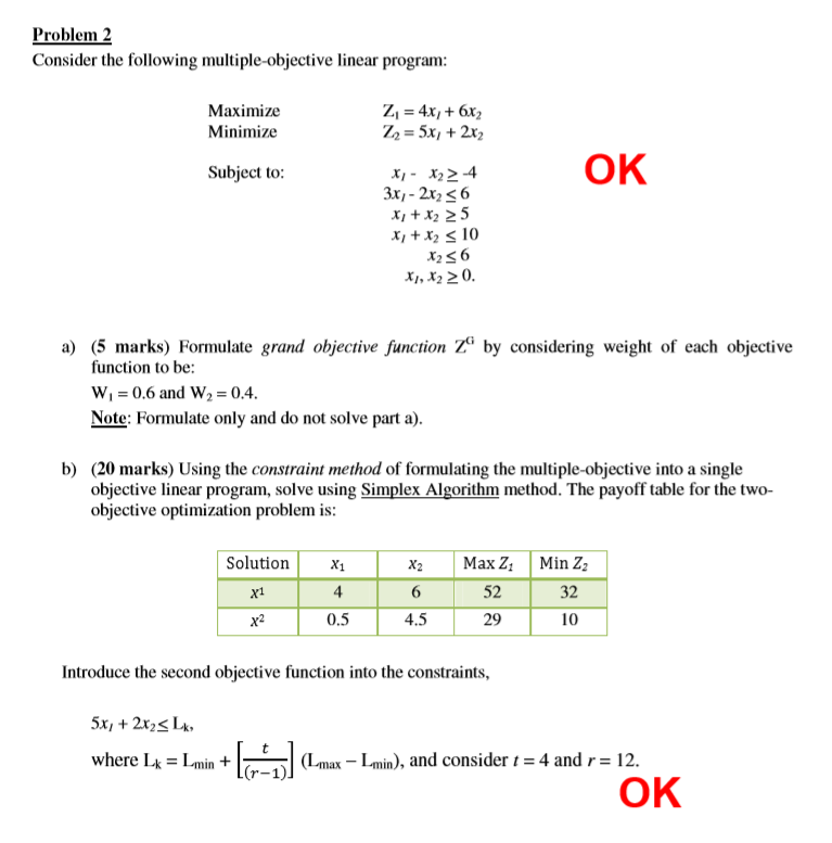 Problem 2 Consider The Following Multiple-objective | Chegg.com