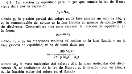 6-5. La relación de equilibrio para un gas que cumple la ley de Henry viene dada por la expresión \[ p_{A}=H c_{A} \] siendo