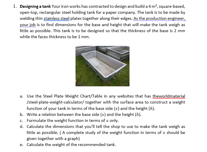Solved 1. Designing a tank Your iron works has contracted to