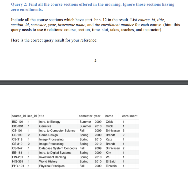 Solved Query 2: Find all the course sections offered in the | Chegg.com