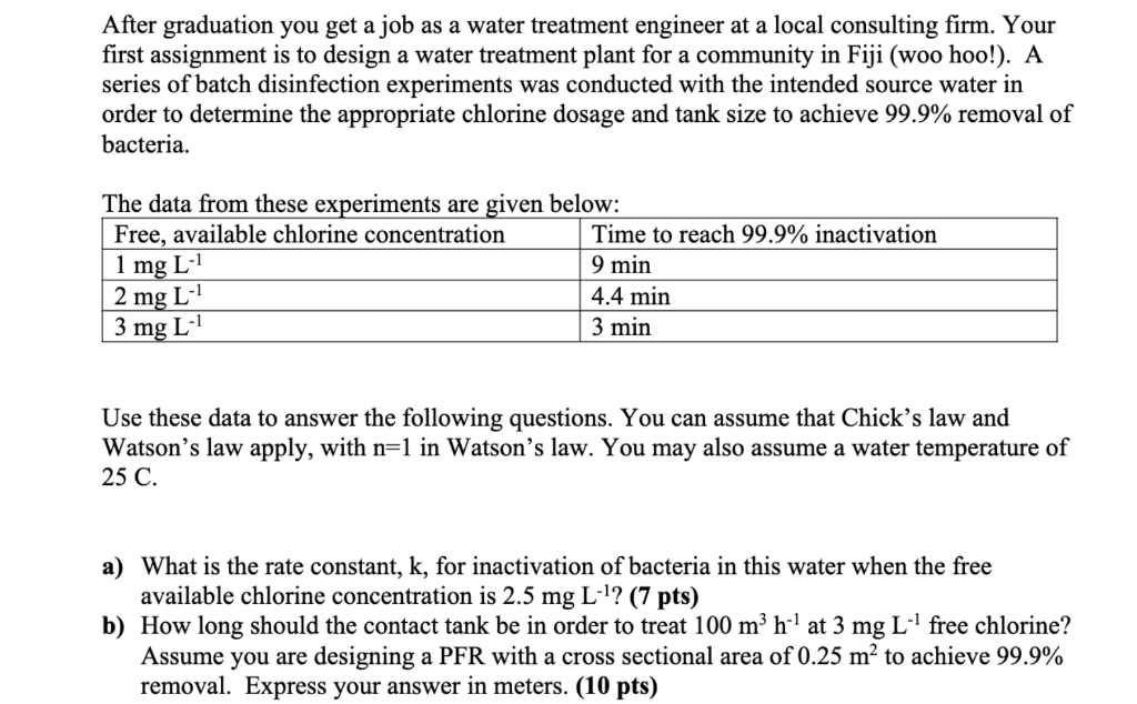 Solved After graduation you get a job as a water treatment | Chegg.com