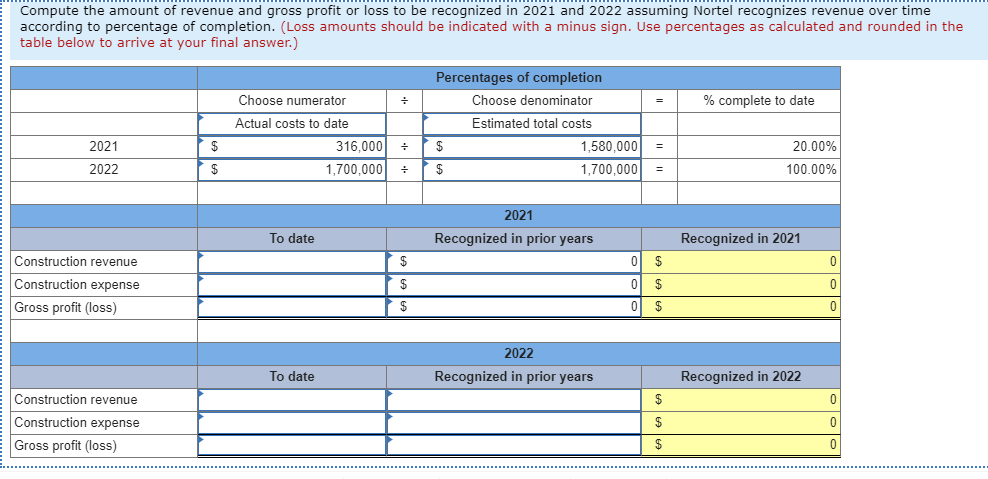 Compute the amount of revenue and gross profit or loss to be recognized in 2021 and 2022 assuming nortel recognizes revenue o