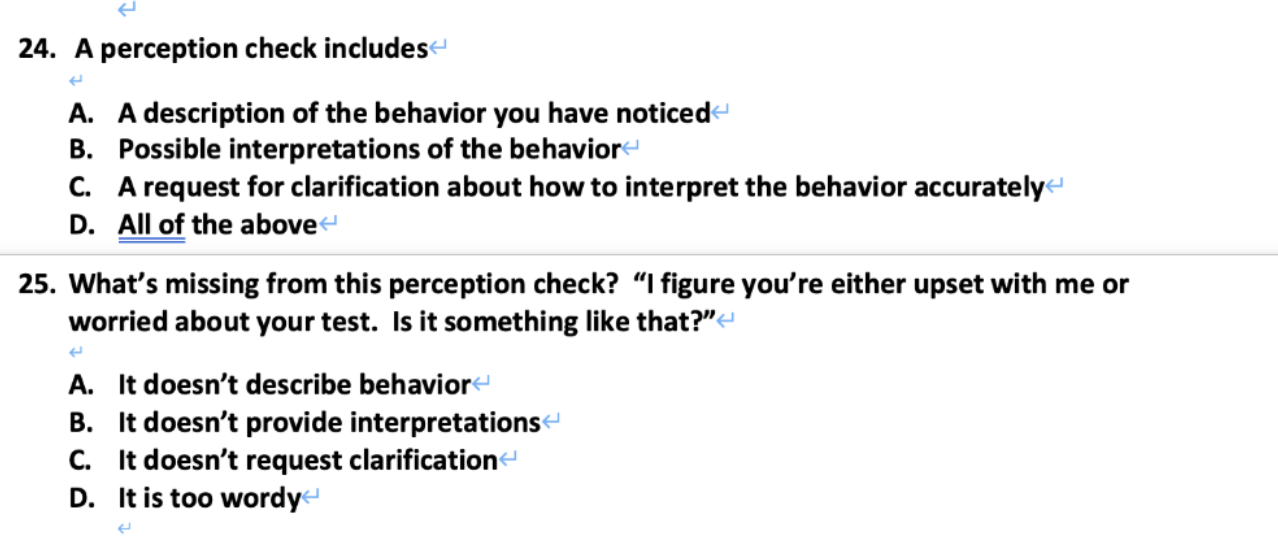 Solved 24. A perception check includes A. A description of | Chegg.com