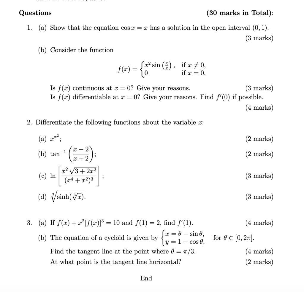 Solved Questions (30 marks in Total): 1. (a) Show that the | Chegg.com
