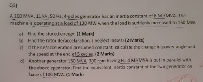 Solved Q3) A 200 MVA, 11 kV, 50 Hz, 4-poles generator has an | Chegg.com