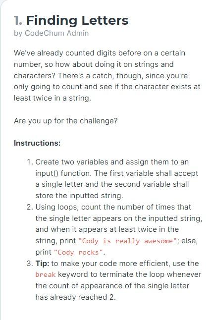 Solved 1. Finding Letters by CodeChum Admin We've already | Chegg.com
