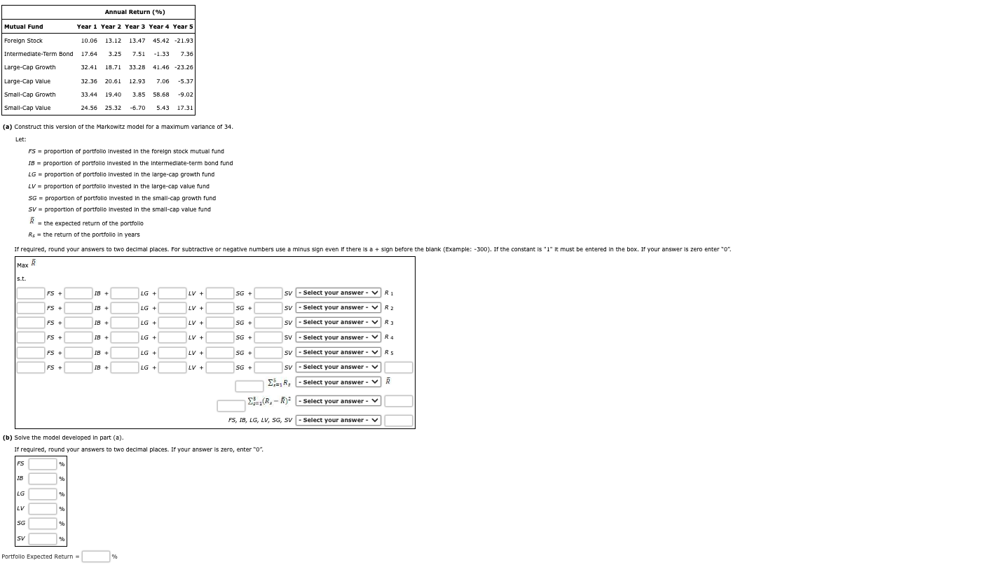 (a) Construct this version of the Markowitz model for a maximum varlance of 34 .
Let:
FS = proportion of portfollo invested i