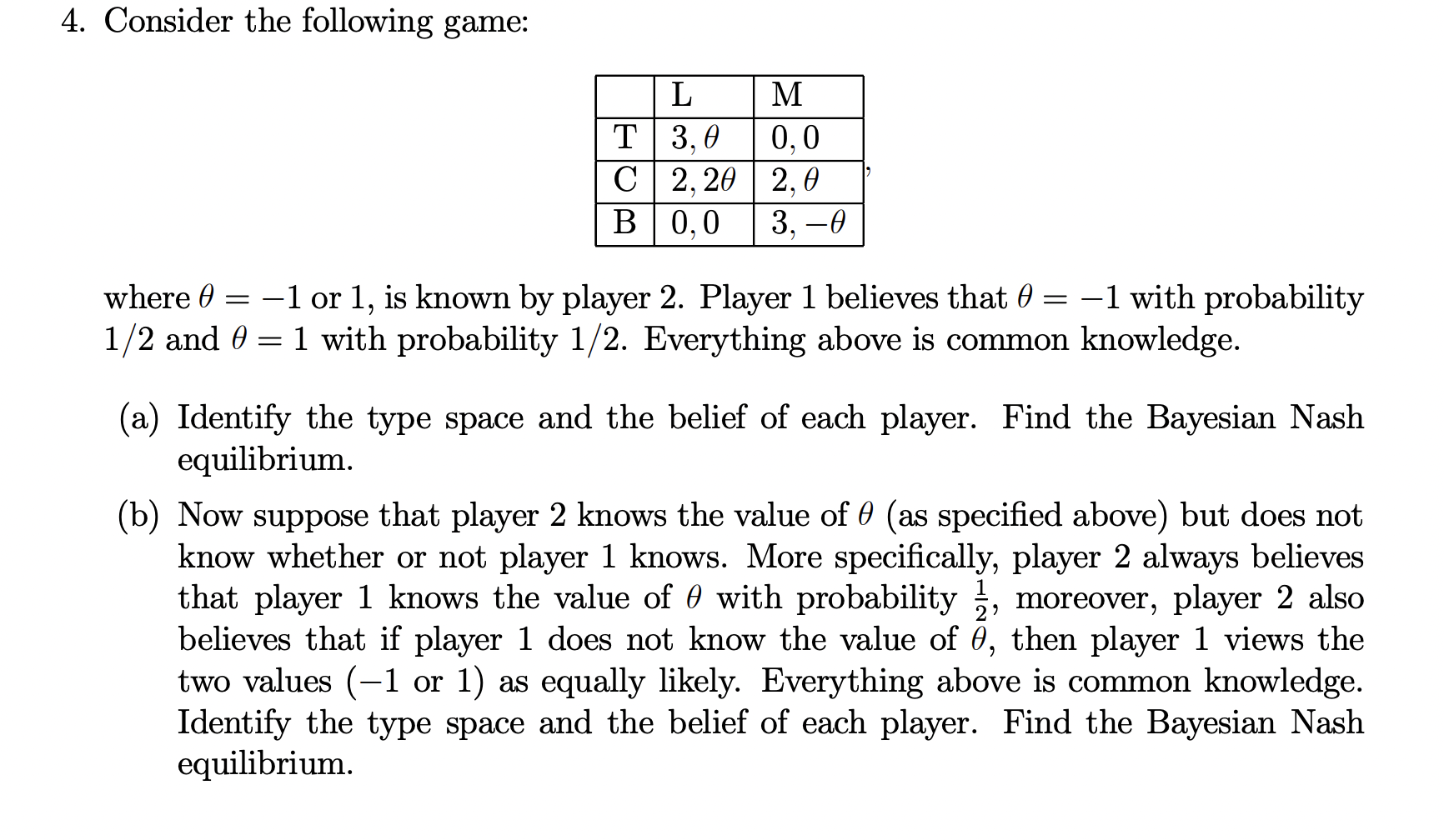 Solved 4. Consider The Following Game: Where θ=−1 Or 1 , Is | Chegg.com