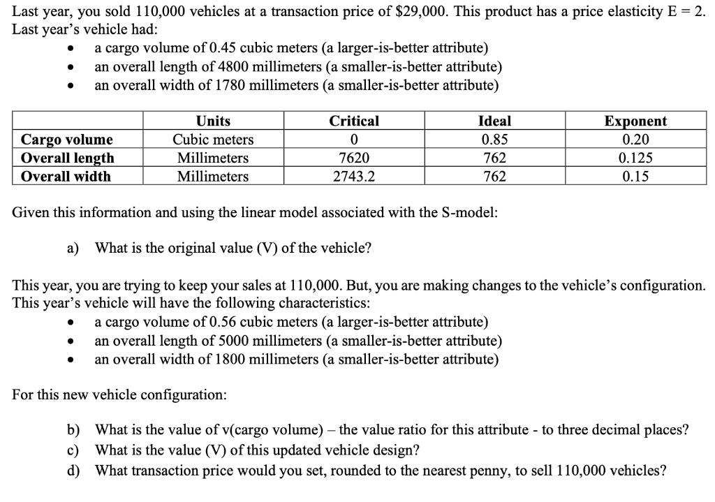 Last year, you sold 110,000 vehicles at a transaction | Chegg.com