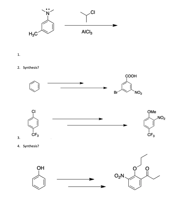 Solved CI H2C AICI: 1. 2. Synthesis? COOH Br NO2 ОMe NO2 CF3 | Chegg.com