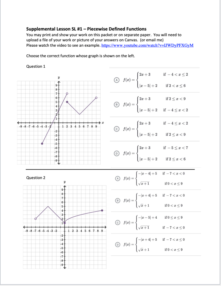 Solved Supplemental Lesson SL #1 - Piecewise Defined