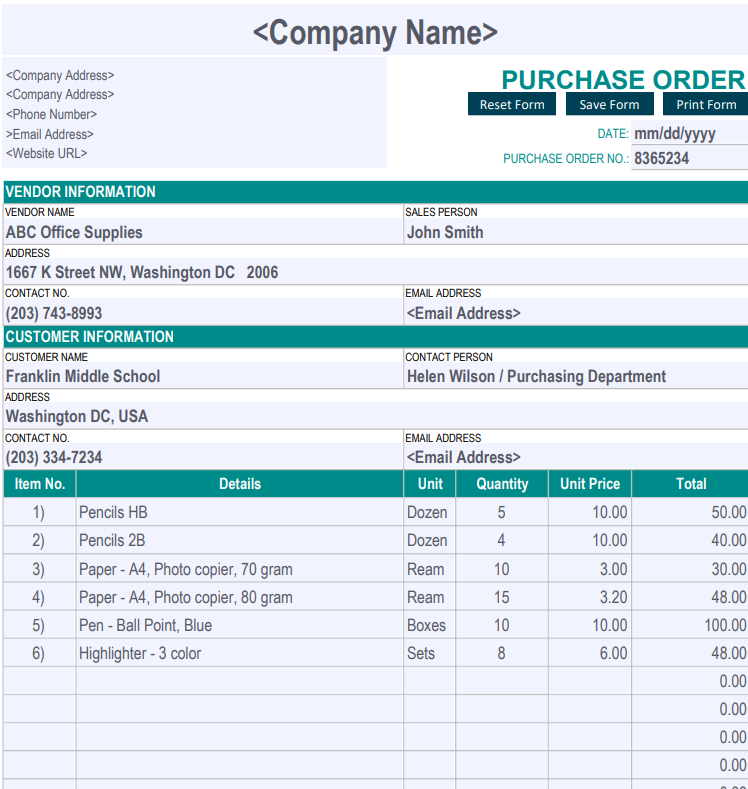 Solved PURCHASE ORDER Reset Form Save Form Print Form | Chegg.com