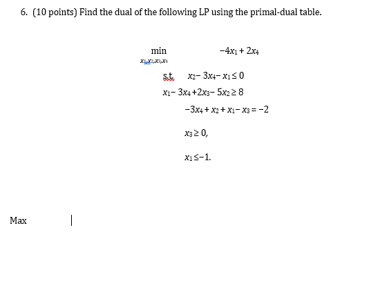 Solved 6. (10 points) Find the dual of the following LP | Chegg.com