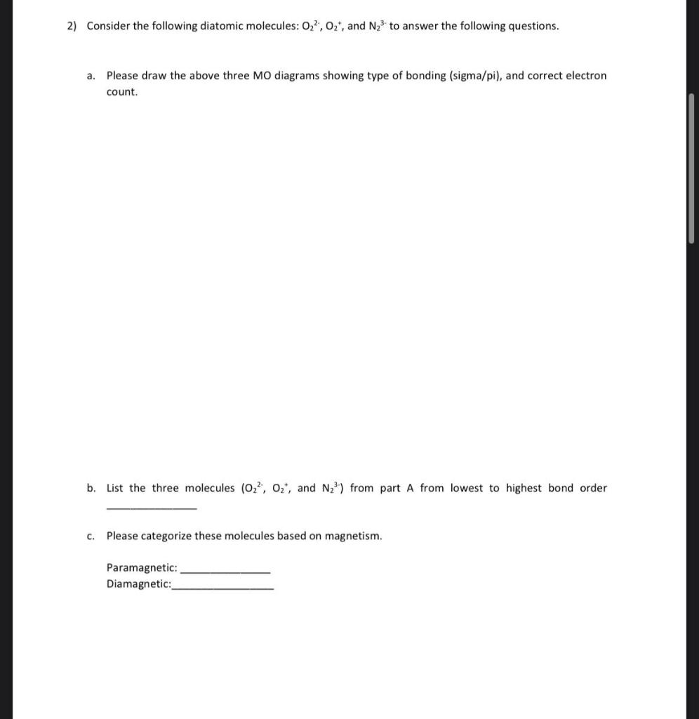 Solved 2) Consider The Following Diatomic Molecules: 023, | Chegg.com