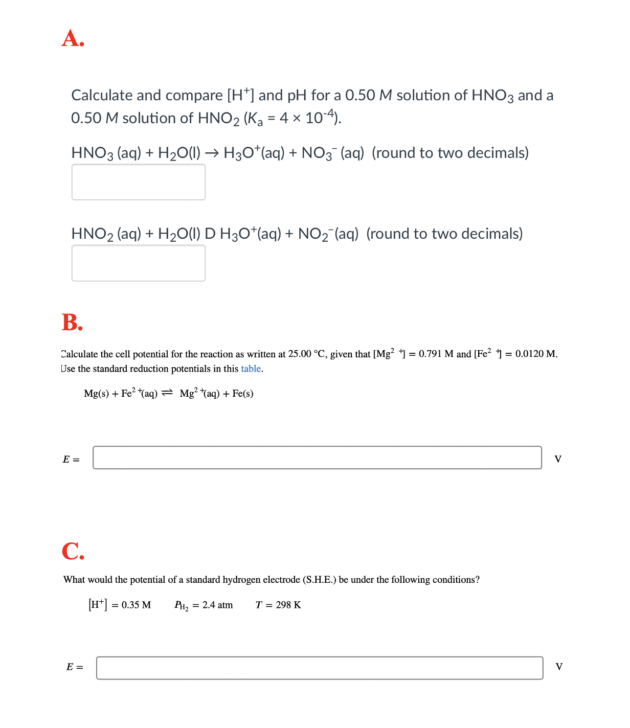 Solved Calculate and compare [H+]and pH for a 0.50M solution | Chegg.com