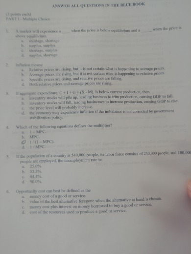 Solved t ANSWER ALL QUESTIONS IN THE BLUE BOOK PART-Muhiple | Chegg.com