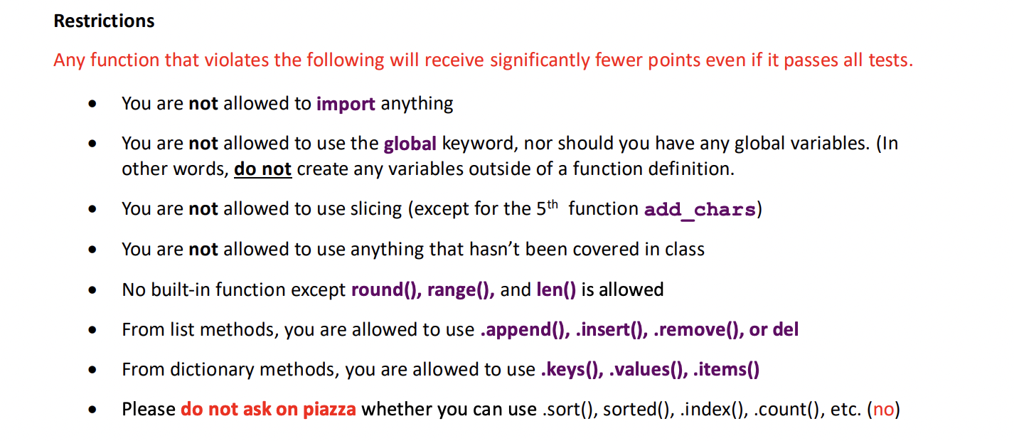 Restrictions
Any function that violates the following will receive significantly fewer points even if it passes all tests.
-