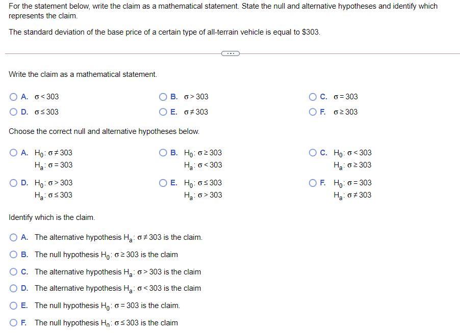 Solved For the statement below, write the claim as a | Chegg.com