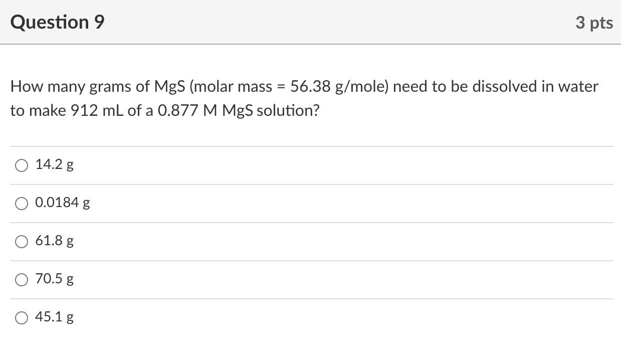 Solved Question 9 3 pts How many grams of Mgs (molar mass = | Chegg.com