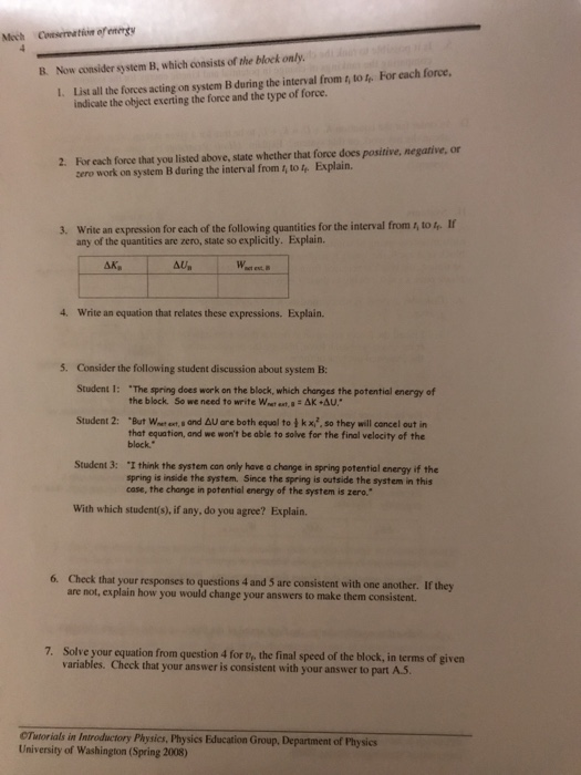 Mech CONSERVATION OF ENERGY I. Relating work and | Chegg.com