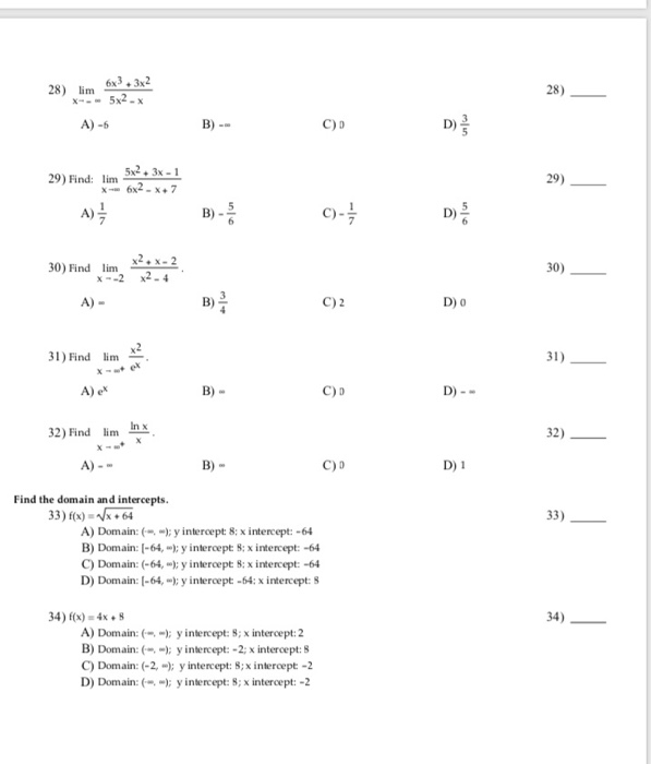 Solved 28) 28) 3x2 lim D) C) D A)-6 29) 29) Find: lim 52. | Chegg.com