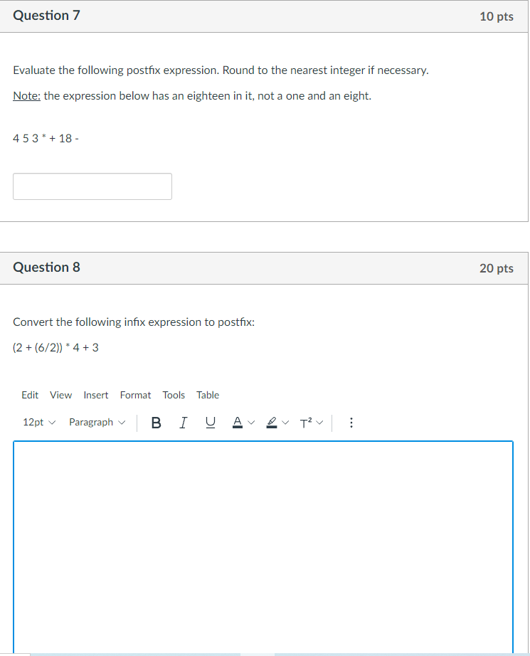 Solved Question 7 10 pts Evaluate the following postfix | Chegg.com