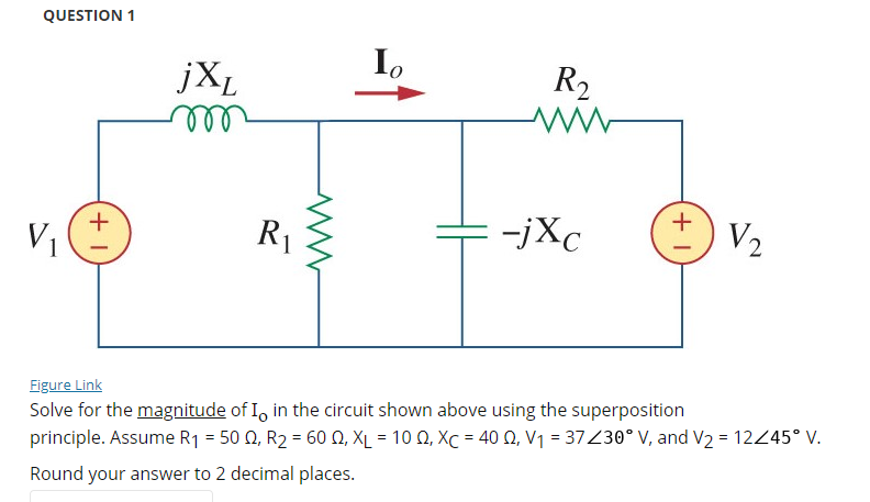Solved QUESTION 1 jX I. R2 +1 Vi + R :-jXc V2 Figure Link | Chegg.com