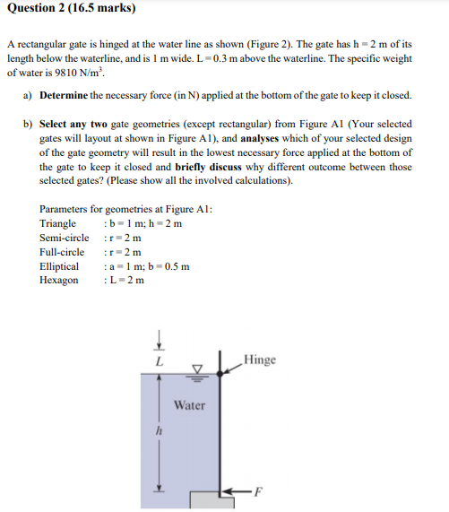 Solved Question 2 (16.5 marks) A rectangular gate is hinged | Chegg.com