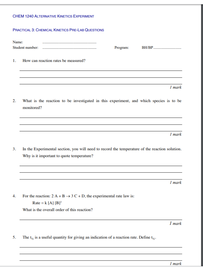 Solved Chem 1240 Alternative Kinetics Experiment Practical 