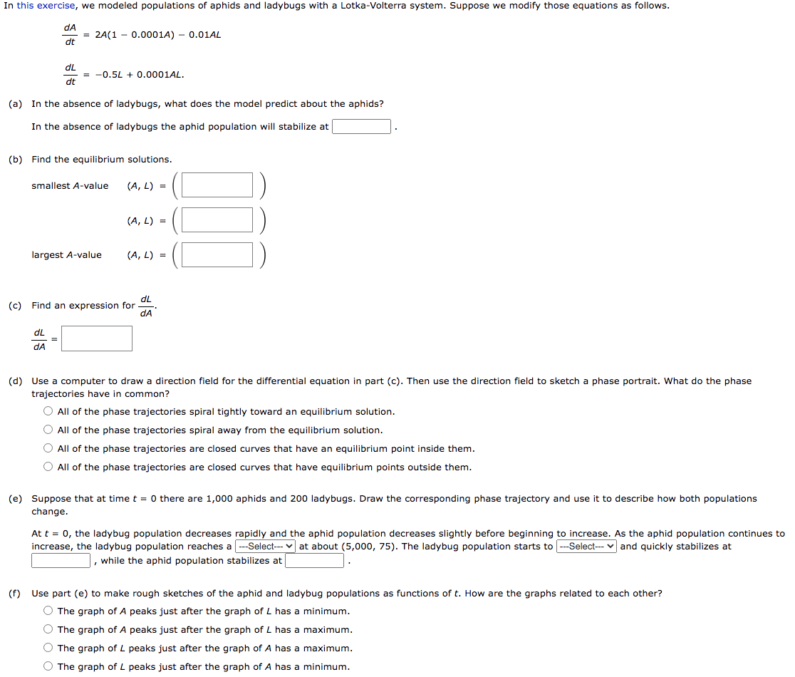 dtdA=2A(1−0.0001A)−0.01ALdtdL=−0.5L+0.0001AL. (a) In | Chegg.com