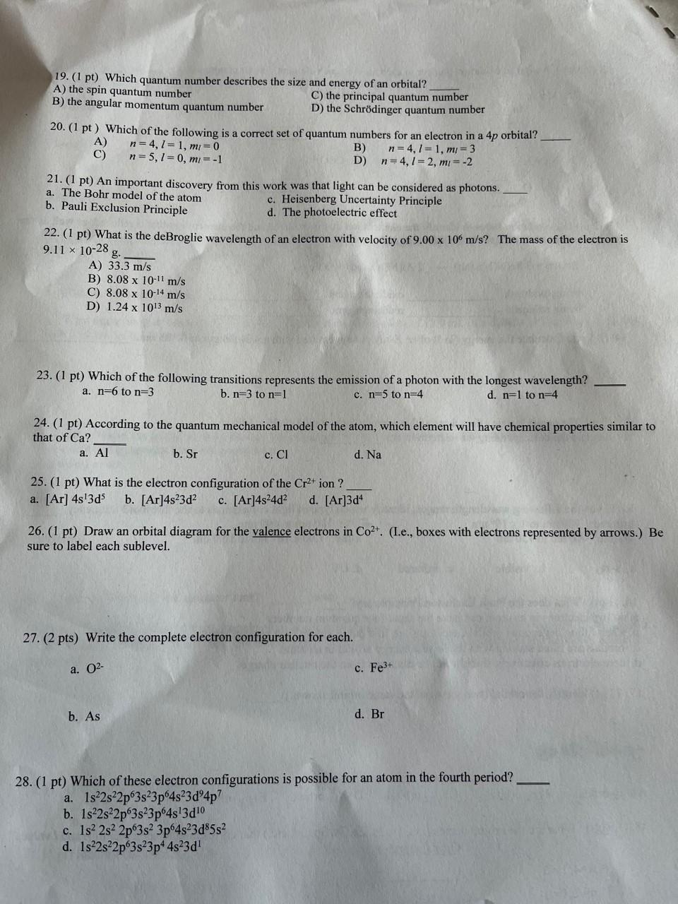 Solved 19. (1 pt) Which quantum number describes the size | Chegg.com