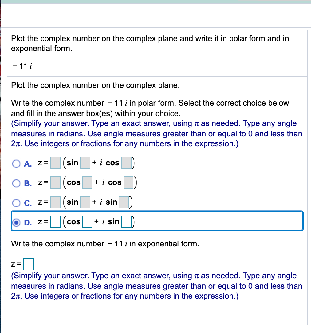 Solved Plot the complex number on the complex plane and  Chegg.com