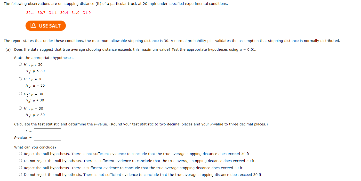 Solved The Following Observations Are On Stopping Distance | Chegg.com