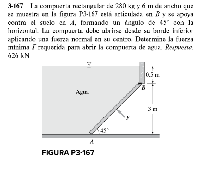 3-167 La compuerta rectangular de \( 280 \mathrm{~kg} \) y \( 6 \mathrm{~m} \) de ancho que se muestra en la figura P3-167 es