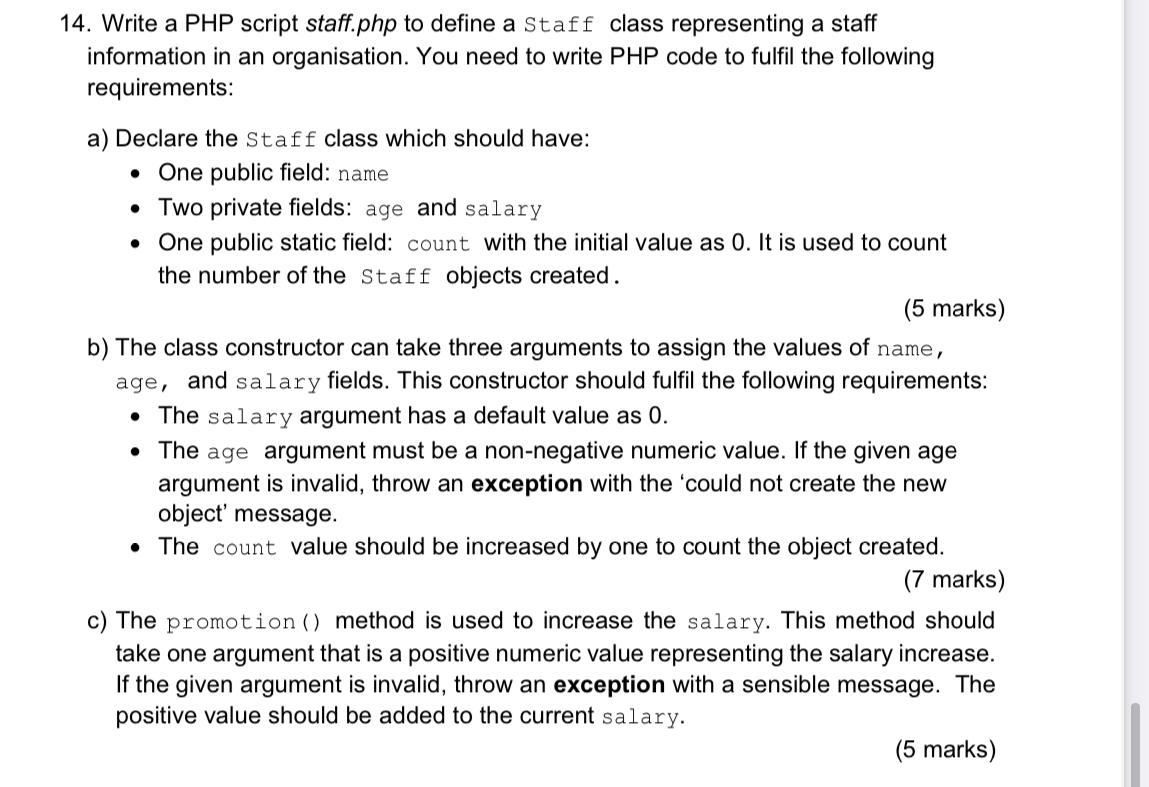 Solved 14. Write a PHP script staff.php to define a Staff | Chegg.com