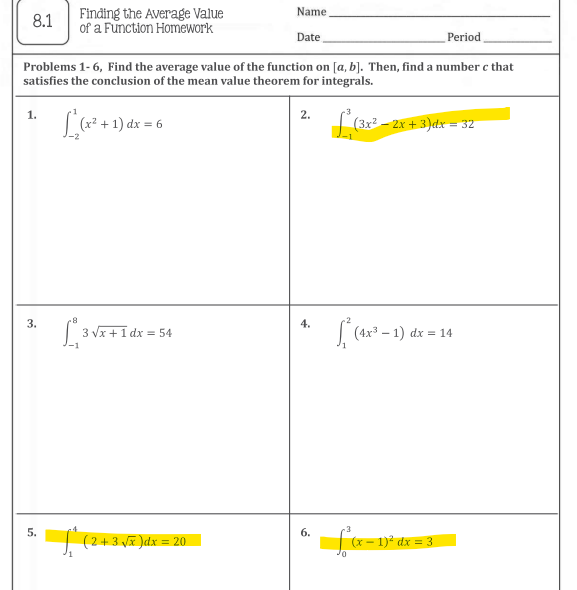 8.1 finding the average value of a function homework answers