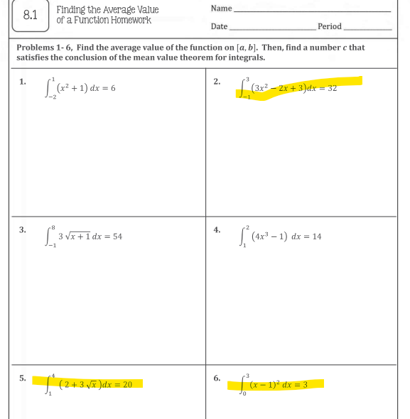 finding the average value of a function homework 8 1