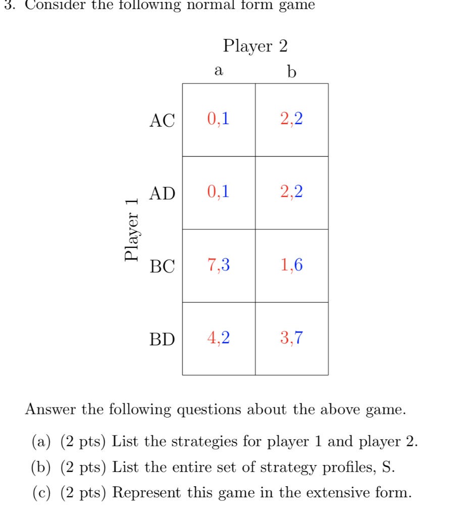 Solved 3. Consider The Following Normal Form Game Player 2 B | Chegg.com